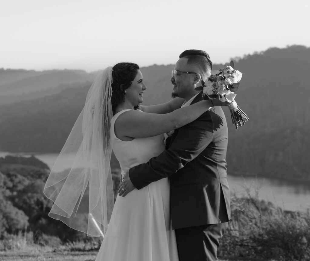 Black and white image of a bride and groom during their wedding day at Crystal Springs Golf Course in Burlingame CA